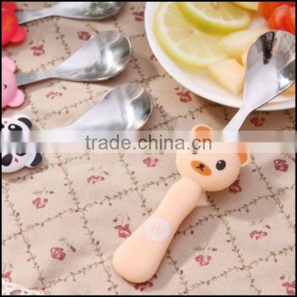 2015 hot sell cartoon food grade plastic handle stailess steel spoons supplier in China,food grade plastic spoons supplier