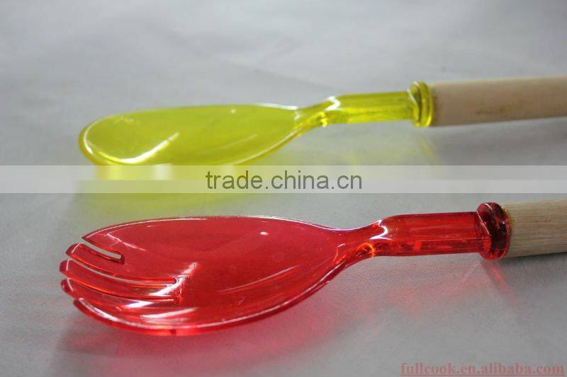 Colorful plastic salad spoon and fork w/wooden handle