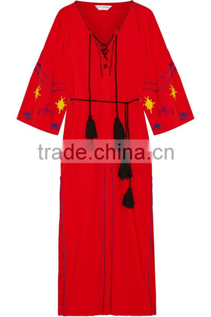 Boho Red Embroidered Cotton Long Balloon Sleeve Maxi Dress Hand Mexican Embroidered Dress long dress chiffon new style HSD5844