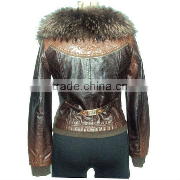 Fur collar PU leather ladies fashion jacket,winter coats