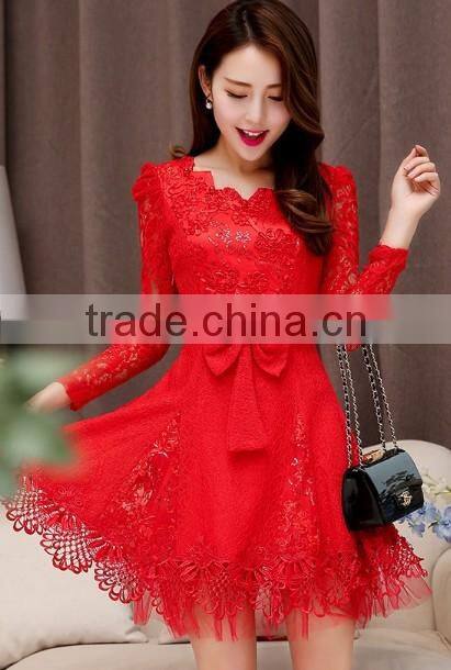 sexy red lace mature party long sleeve fashion lady dress