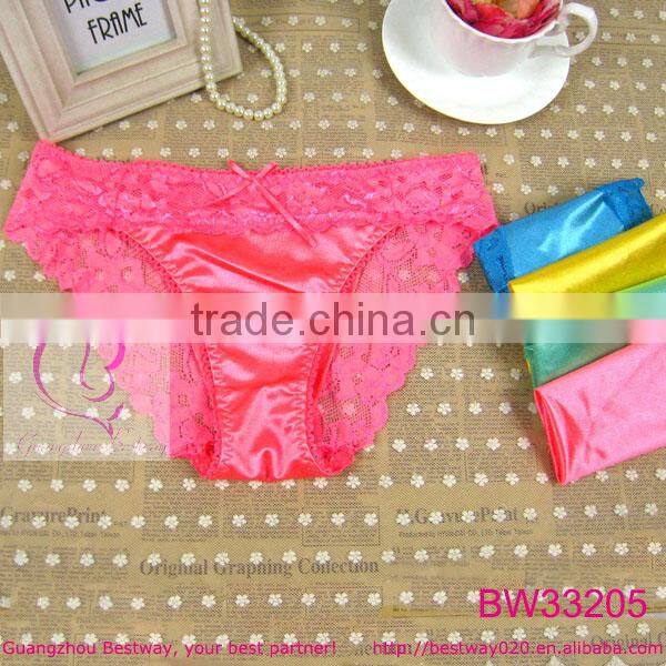 Sexy satin panties for women with front top and back part lace decorated satin bikini panties for your girls women ladies cheap
