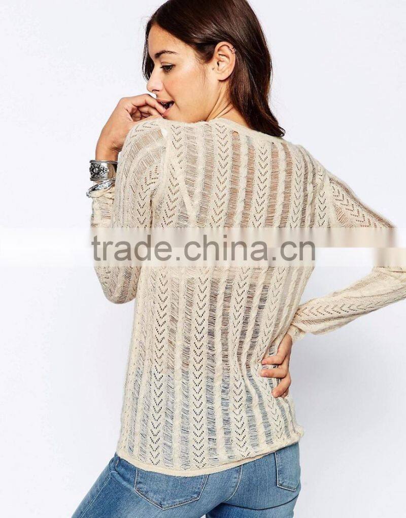 Wholesale European Knitwear Perspective Sexy Long-Sleeved Casual Women Sweater With Vintage Pointelle Look