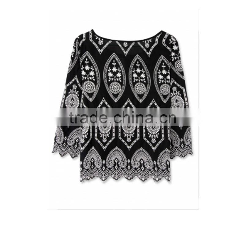 Latest style sexy hollow out lady chiffon blouse woman lace blouse wholesale tops
