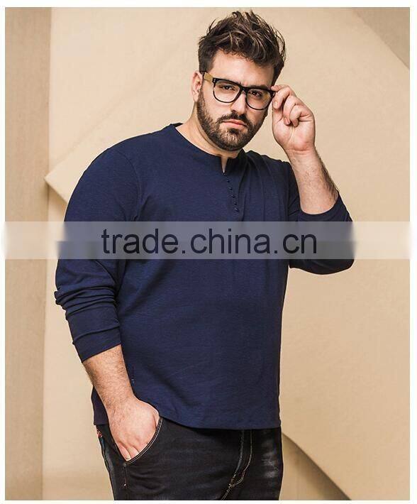Men's spring long sleeve cotton slub plus size O-neck tee shirt with button placket