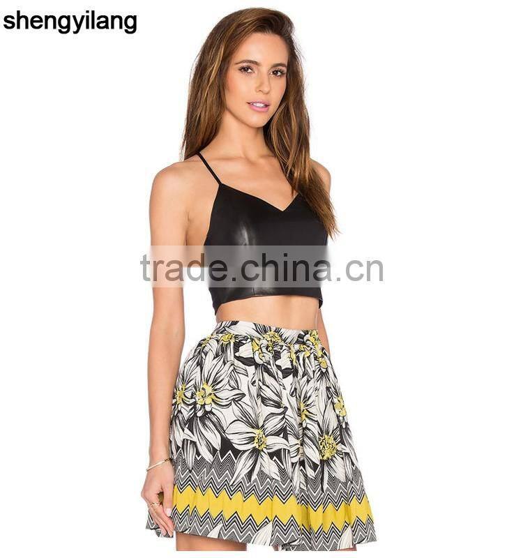 ladies sleeveless black leather super short tight fitted back lace and zipper tank top/singlet