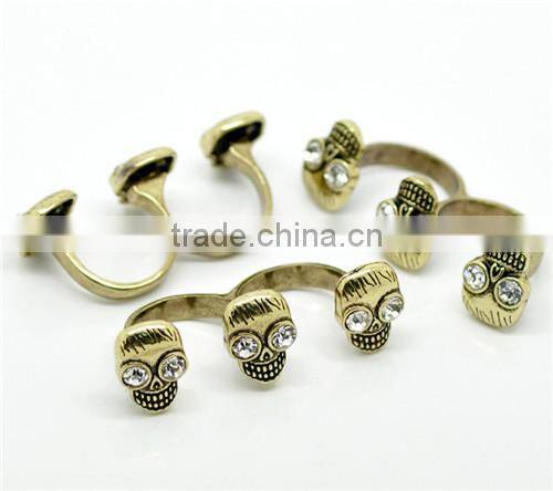 5PCs Antique Bronze Rhinestone Halloween Skull Open Two Fingers Double Rings 18.3mm