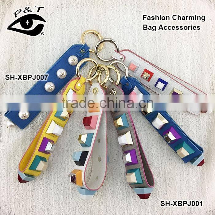 New design double PU leather with epoxy stone metal ring pendant for bags