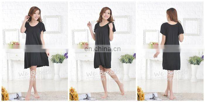 Ladies' eco-friendly bamboo fiber round neck night gown solid color FD