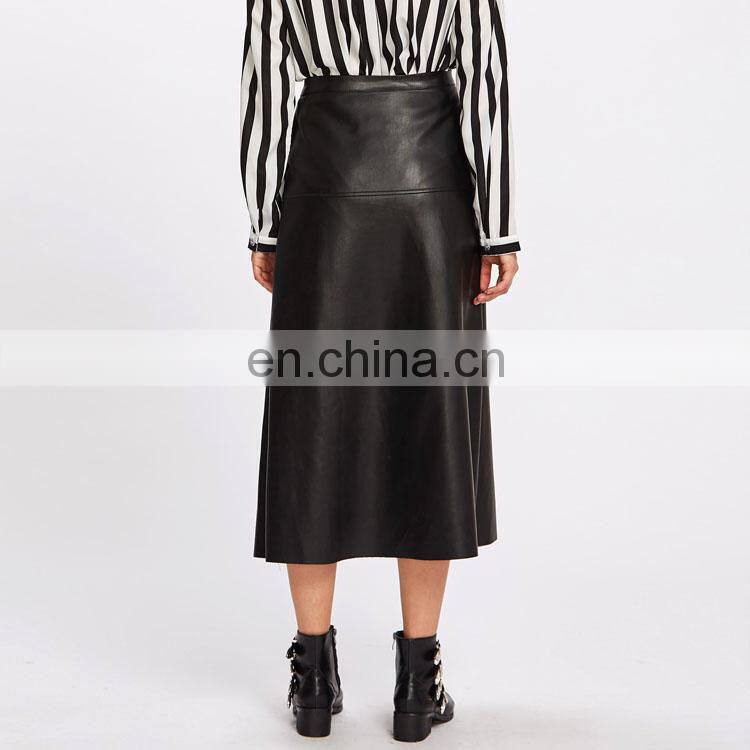 Fashion Ladies High Waist A-Line Button Up Long PU Leather Midi Skirt