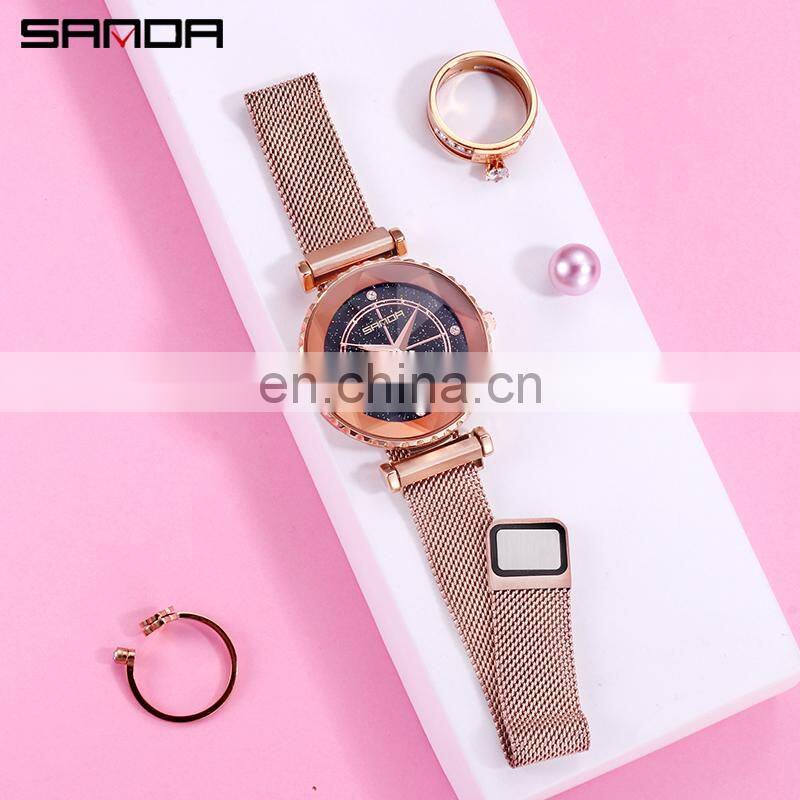 SANDA P1015 Best Mash Ladies Watch Analog Quartz Stainless Steel Starry Sky Business Office Lady Watch