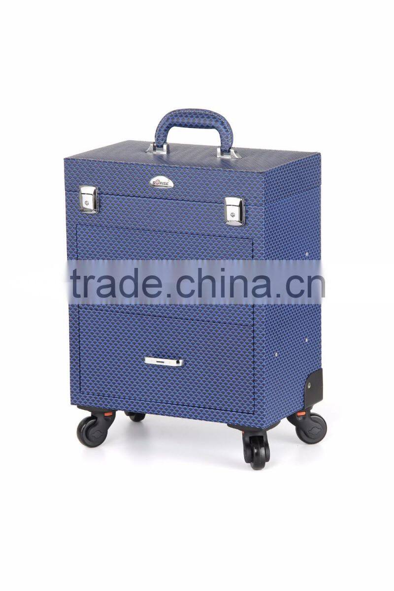 Blue fashion design PVC Trolley makeup case with mirror