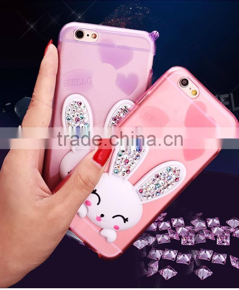 TPU Rhinestone Silicone Strap with Bracket Rabbit Fur Ball Case for iPhone 6S/6Plus