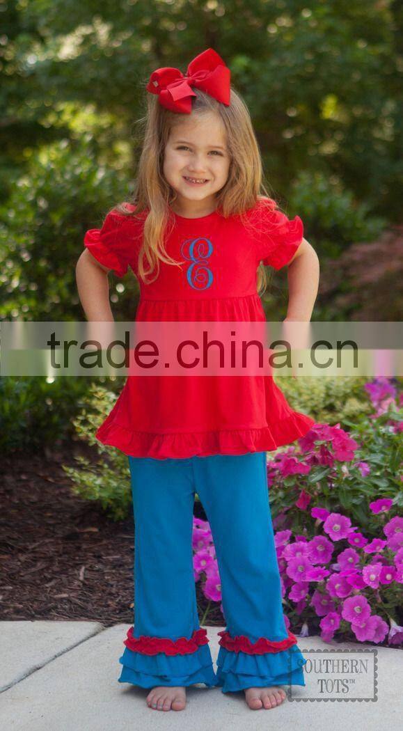 Top and pants ruffle outfit for kids red cotton ruffle top for children New Design