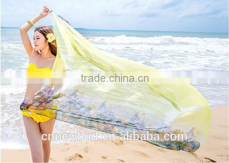 Hot selling 2015 lastest design imitated silk yellow beach holiday scarf