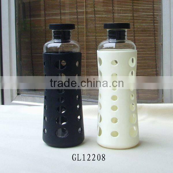 wide top opening silicone lid pyrex glass drinking bottle