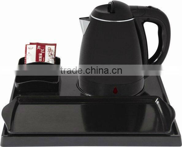 1.2l black electric hotel kattle with plastic tea tray for guest room
