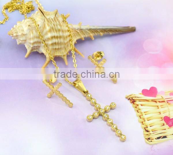 Hot fashion cross with crystal set stainless steel necklaces and Earrings Set