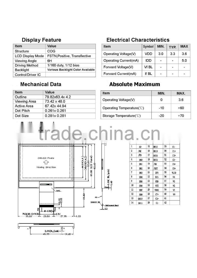 COG Module FSTN 240x 160 Positive/Transflective lcd display
