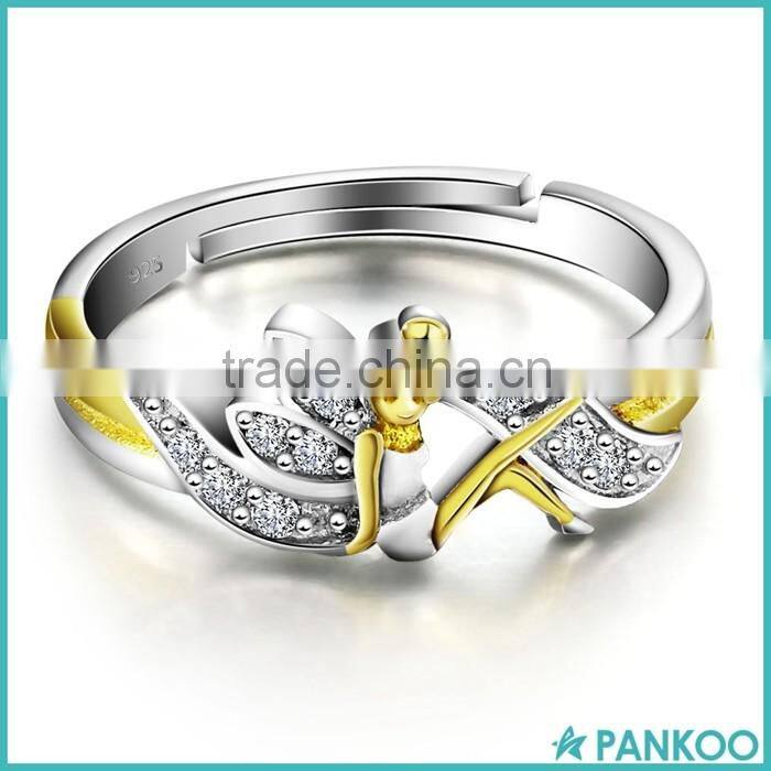 2016 New Design Gold-plated Sterling Silver CZ Finger Ring, Flower Fairy Wholesale Jewelry Women Open Ring
