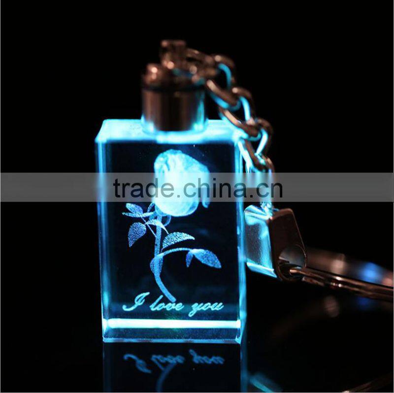 Beautiful 3D laser rose crystal keychain with led light for wedding gift