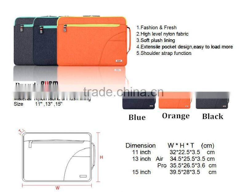 BUBM 2016 Newly design waterproof custom nylon laptop sleeve with pocket