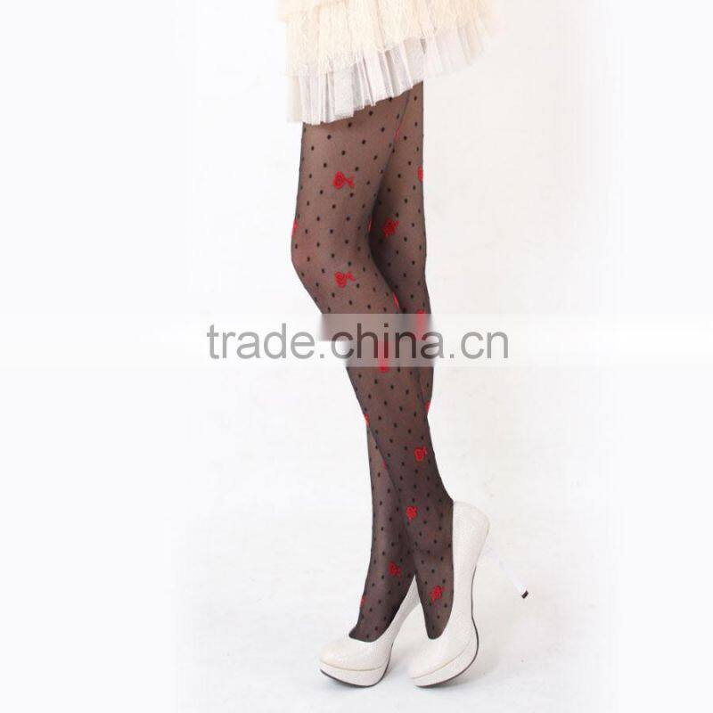 Lovely black dots with jacquard red flower sheer tights