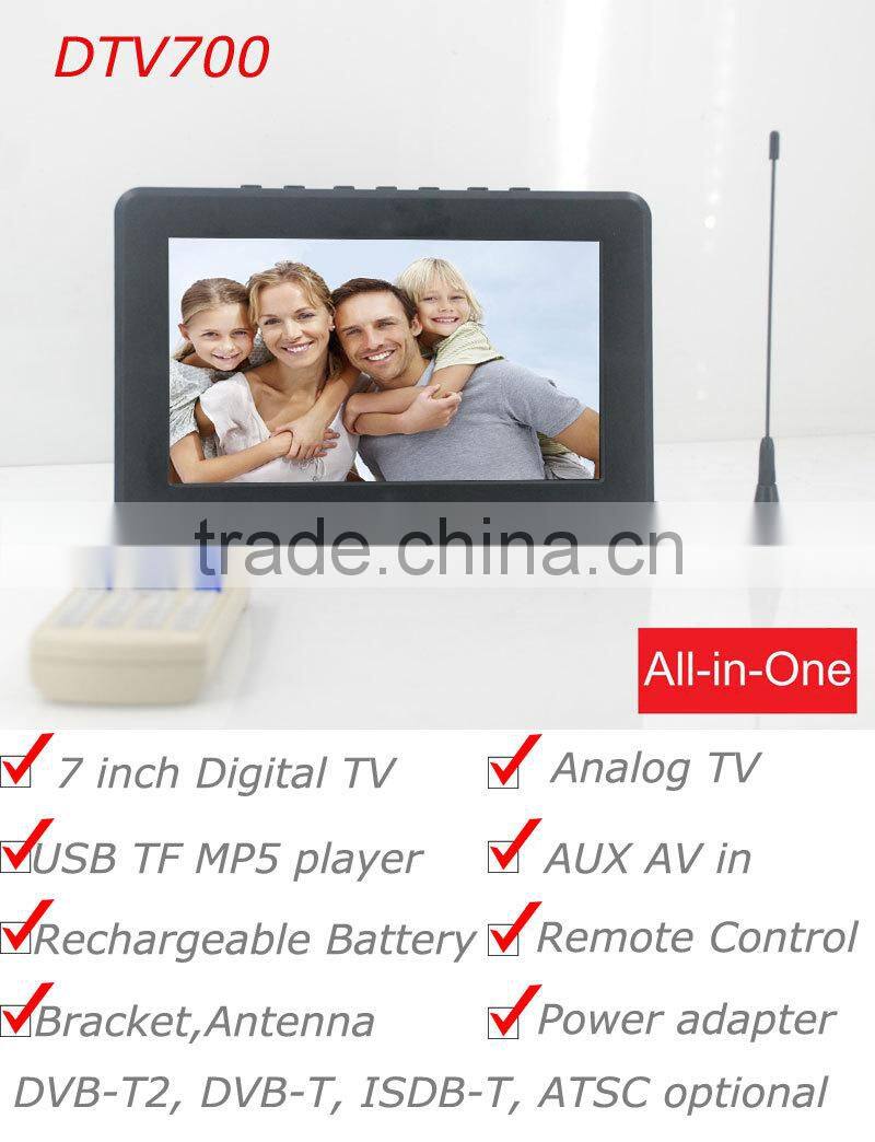 Analog TV DTV700-DVBT2 set top box 7 inch Digital lcd TV USB TF MP5 player AV in Rechargeable Battery