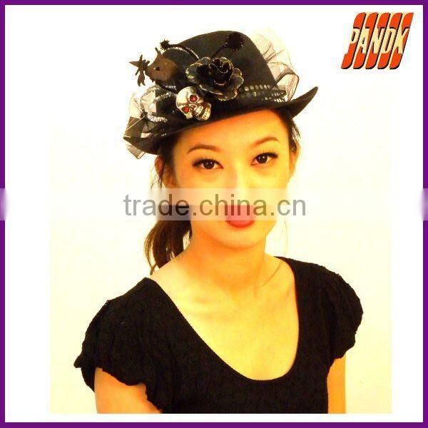 Fashion felt-cloth Black top hat with glittered rose and lace