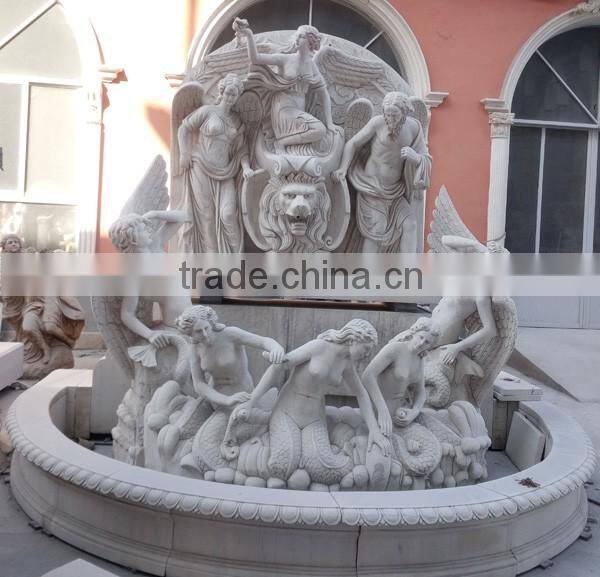 White Marble Carved Angel Wall Water Fountain with Lion Head