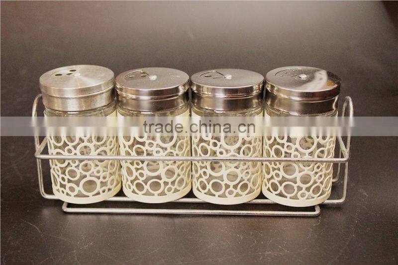 S/4 white coat swivelling cover glass spice jar set