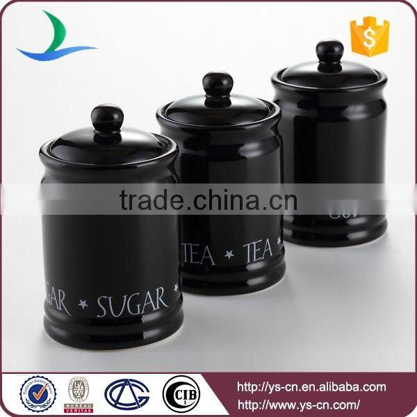 High quality 3pcs black color tea coffee sugar storage jars canisters ceramic