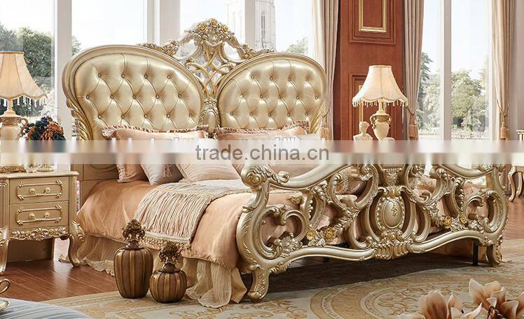 Solid wood champagne gold carving double bed with leather headboard