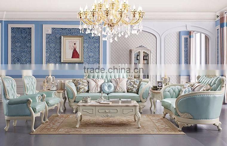 Neoclassic solid wood living room furniture fresh light blue color leather sofa set