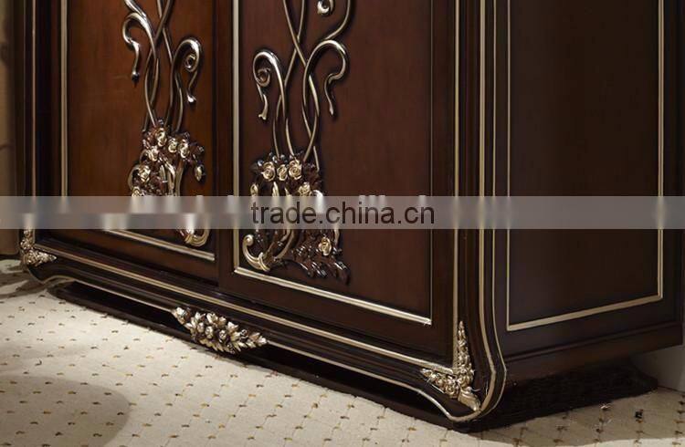 New design neoclassic bedroom furniture solid wood floral carving two sliding doors wardrobe