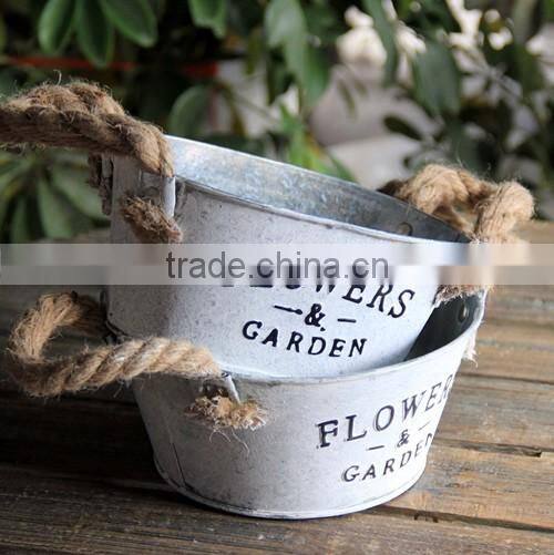 Hot sales garden zinc flower pot metal planter with string handle