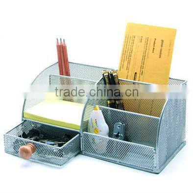 5 divided compartment silver metal mesh multifunction desk organizer