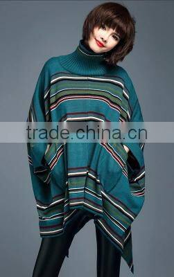 2016 New Fashion Korean Style Mid Long High Collar Women Stripe batwing-sleeved Pullover Sweater