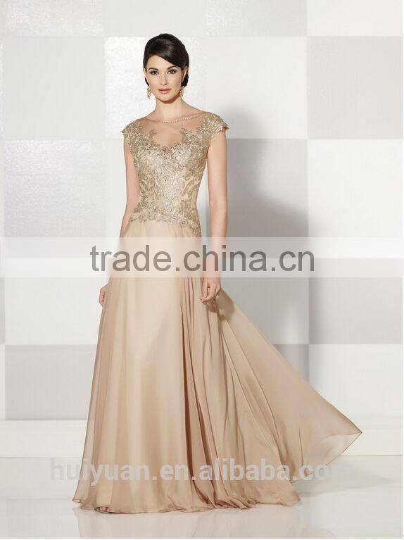 gold long round neck cap sleeve patterns of lace evening dress