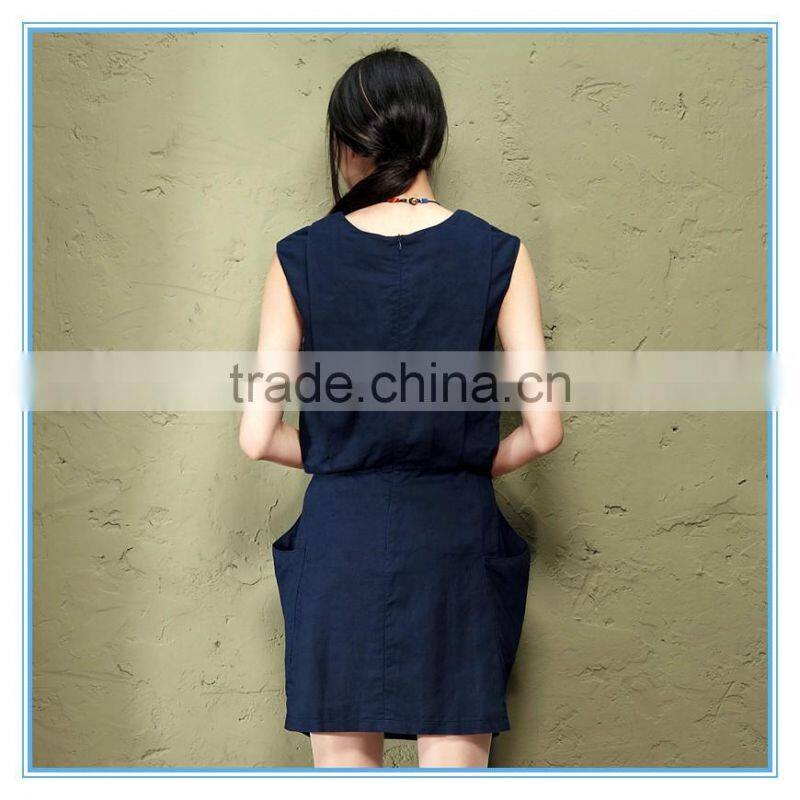 2016 Elegant Slim Casual Dress Solid Color Cotton Linen Vest Dress For Women
