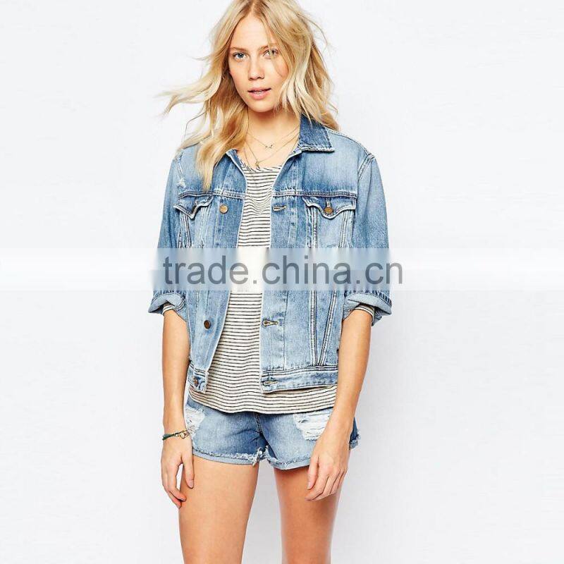 wholesale women's fashion hip hop jacket denim jacket half sleeve