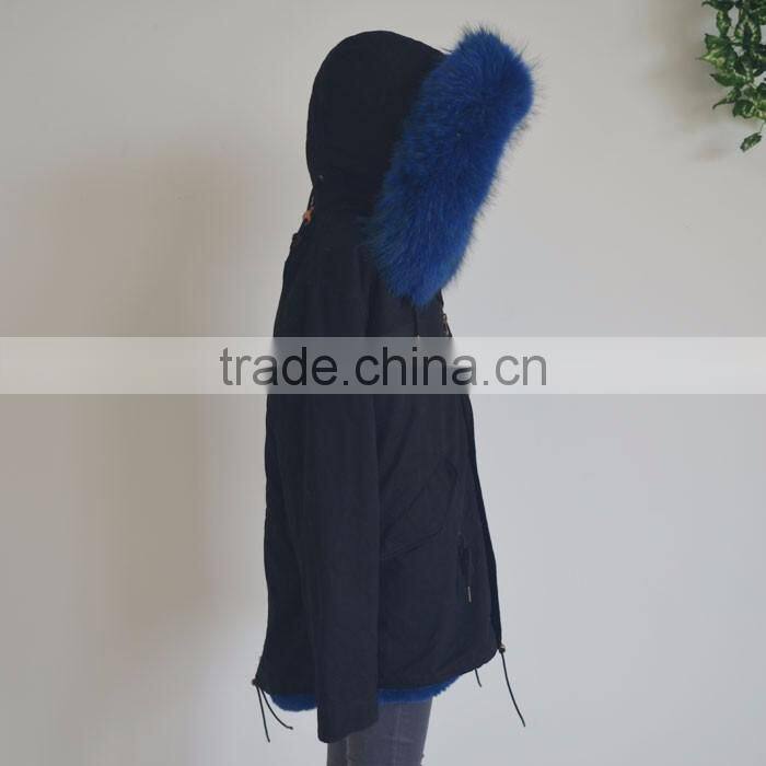 Myfur Hot Sale Black Cotton Women Men Parka with Real Black Raccoon Fur Collar Trimmed Hood