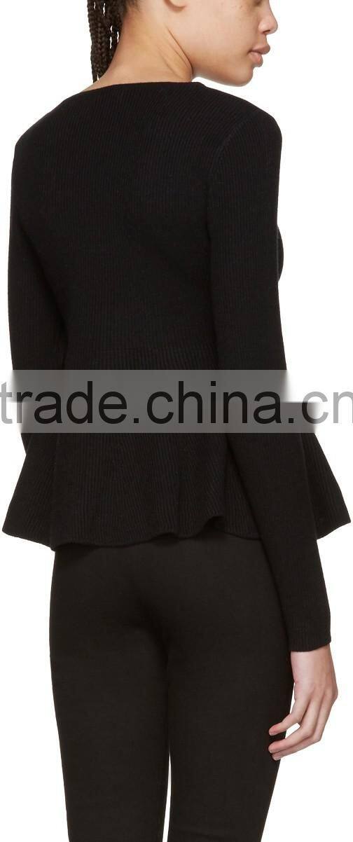 High Quality Women Plain Black Long Sleeve Rib Knit Pullover with Peplum Hem