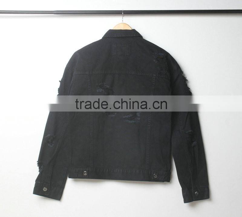 Men's washed distressed cotton/spandex button-up denim jacket with holes