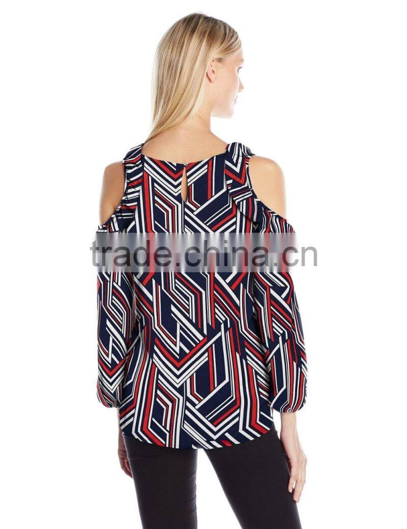 Women's Printed Long Sleeve Scoop Neck Cold Ruffle Shoulder Blouse