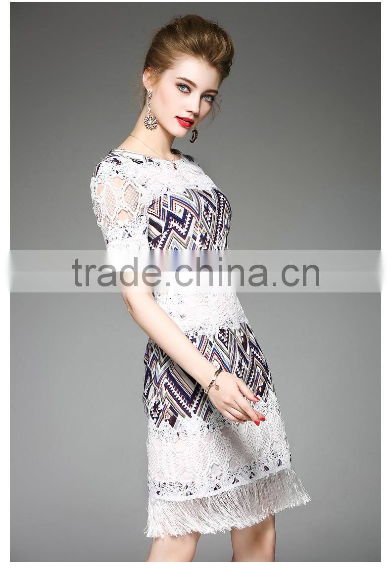 2017 New Design Factory Customized Summer Womens High Grade Slim Elegant Round Collar Tassels Short Sleeve Sexy party Dresses