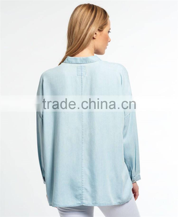 2017 China Manufacturer Shandao High Fashion New Casual Autumn Design Long Sleeve Button Opening Loose Blue Viscose Blouse