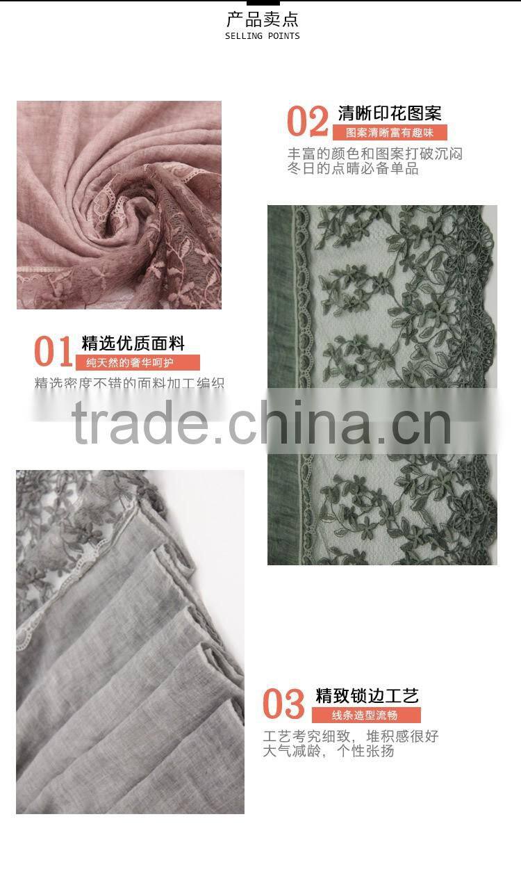 New fashion custom classic plain dyed linon viscose thin lace flower trim ribbon hijab scarf