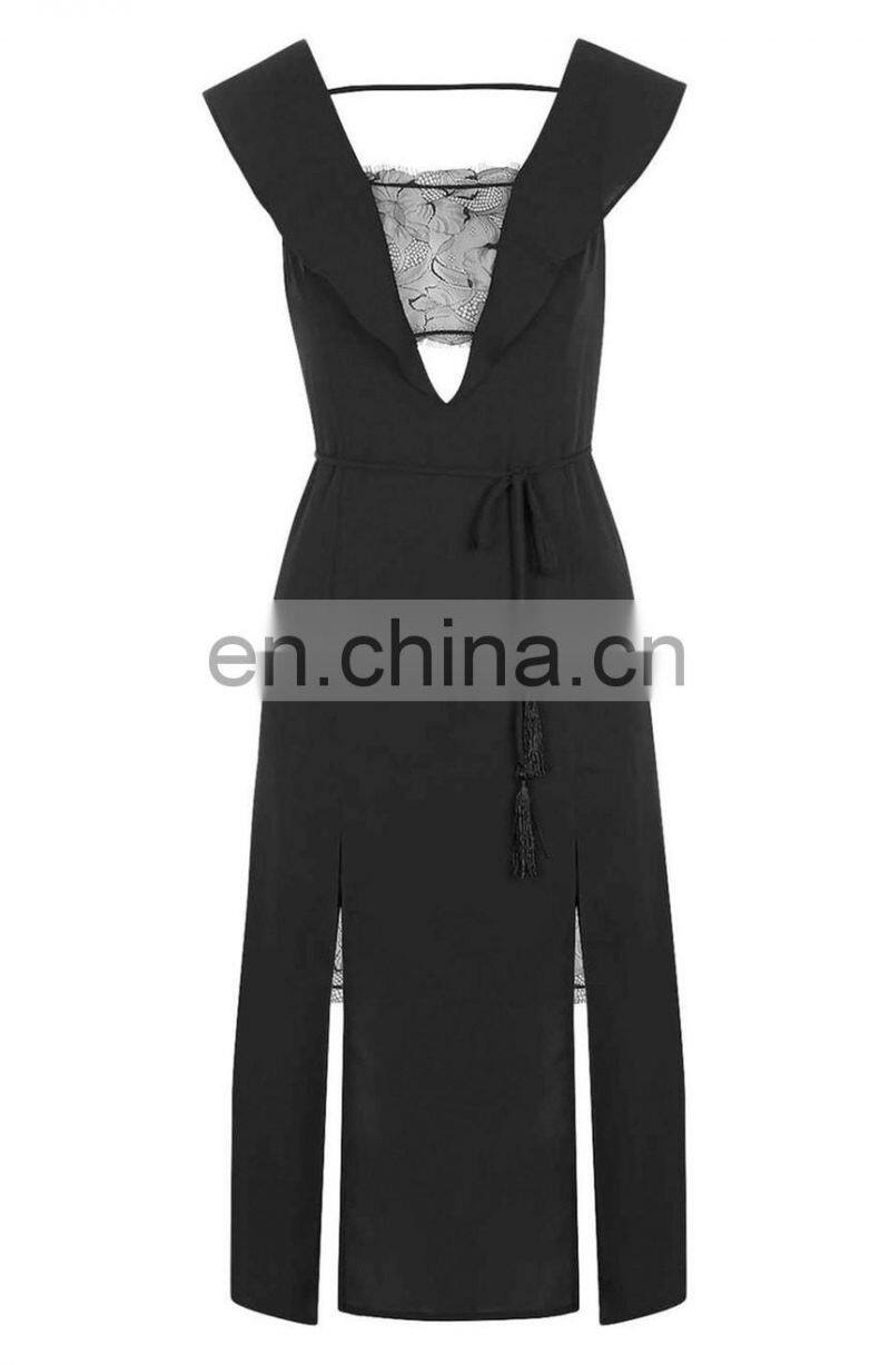 Wholesale Women Clothes Sexy Black Color Lace Trim Flutter Sleeve Midi Dress