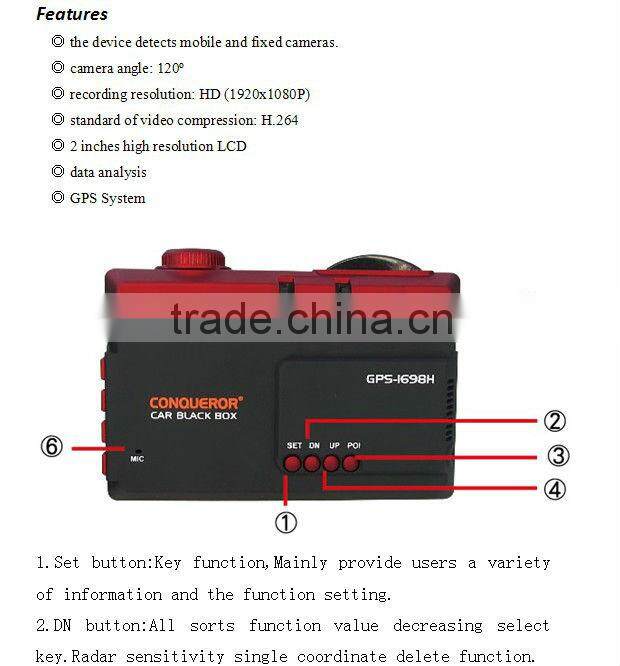 China manufacturer GPS radar detector DVR GPS-1698H From CONQUEROR